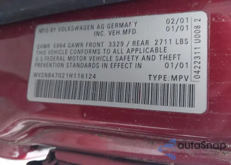 2001 Volkswagen Eurovan Mv z USA, uszkodzony, nr VIN WV2NB47021H116124